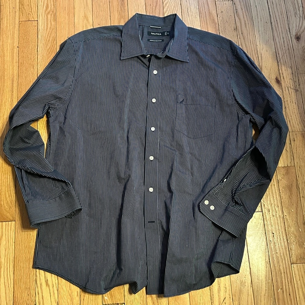 Nautica Men's Navy Blue and White Pinstripe Button-Down Shirt